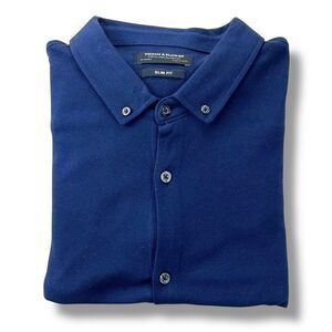Denim & Flower Shirt Mens Extra Large XL Navy Slim Fit Long‎ Sleeve Button Down